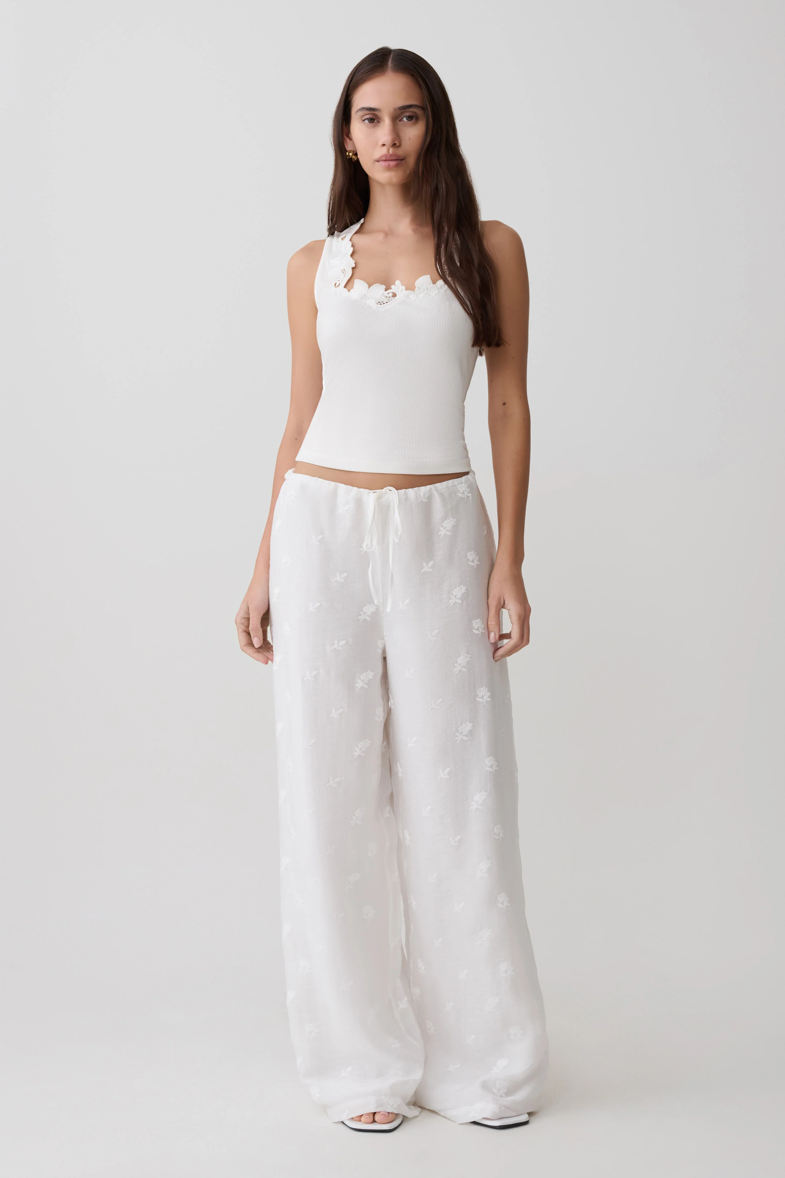 Vianna Broderie Ribbed Tank Top - Ivory - Image 5